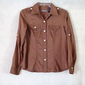 Liz Clairbone 100% Cotton Women's Size S Button Up Long Sleeve Shirt Top Brown.